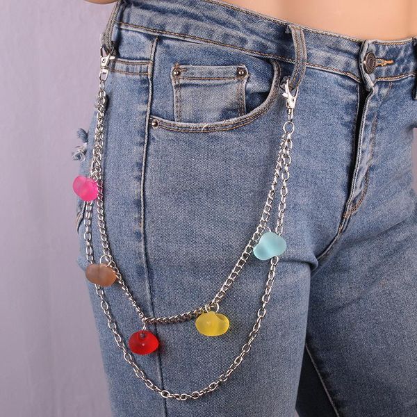 

keychains punk fashion multicolor heart pendant pants waist chain for women two layer keychain trouser jeans belt hip hop jewelry, Silver