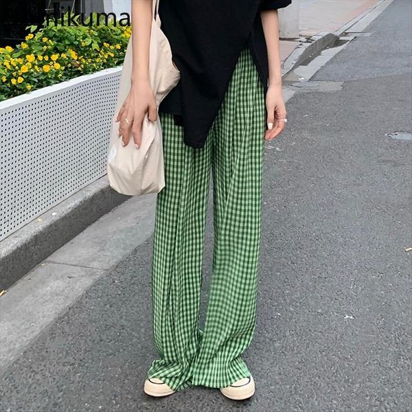 

green plaid wide leg summer womens pant casual vintage loose trousers female all match high waist pantalones femme, Black;white