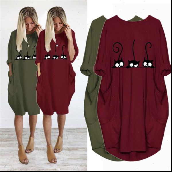 

dress cute womens tracksuits cat printing pocket loose vintage fall maxi clothes woman casual party women dresses plus size, Gray