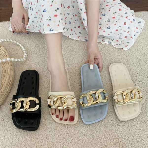 

slippers casual shoes slipers women shale female beach slides luxury 2021 soft flat sabot fashion basic pu chain sli, Black