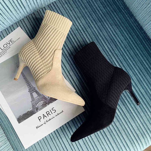 

boots europe the united states in autumn and winter explosion suede knitted thin heeled still pointed hight-boots, Black