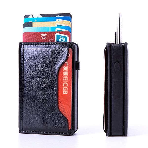 

card holders fashion rfid aluminium holder crazy horse pu leather men coin purse wallet carbon bank cardholder case, Brown;gray