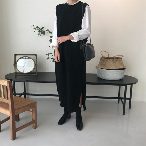 

side split warm women autumn winter long sweater knitted sundress loose o neck sleeveless long vest dresses robe femme vestido 210420, White;black