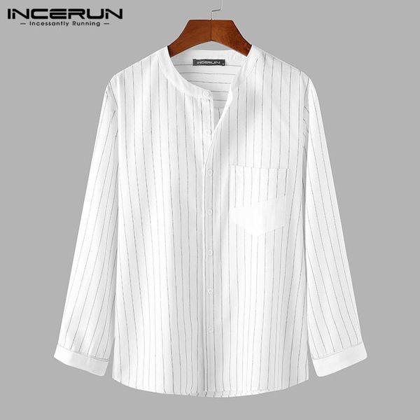 

man loose pocket shirt incerun 2021 spring men leisure striped shirts long sleeve stand collar camisa casual button blouse s-5xl men's, White;black