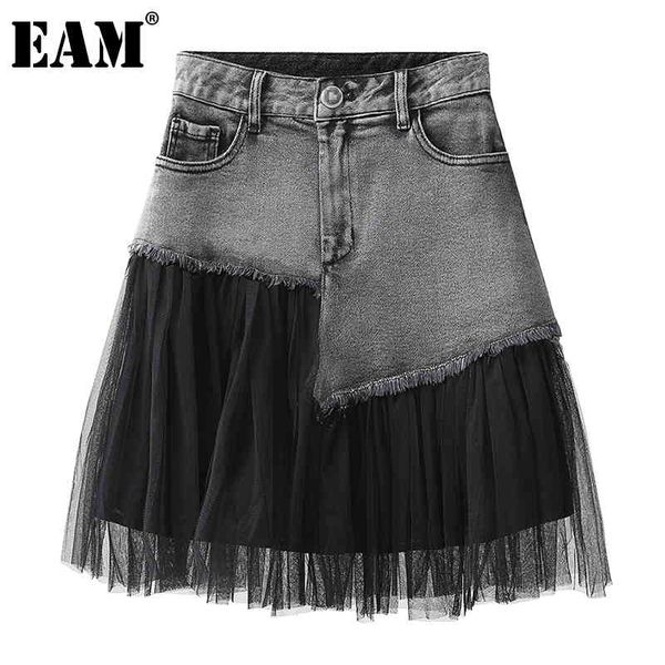 

[eam] high waist black spliced denim mesh asymmetrical half-body skirt women fashion spring summer 1dd7463 210512