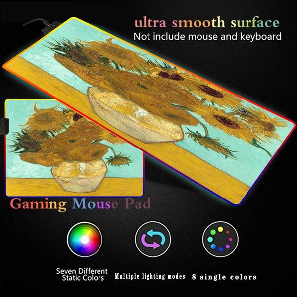 

mouse pads & wrist rests oil painting sunflower mousepad rgb color backlight led gaming accessories computer notebook keyboard pad desk mat