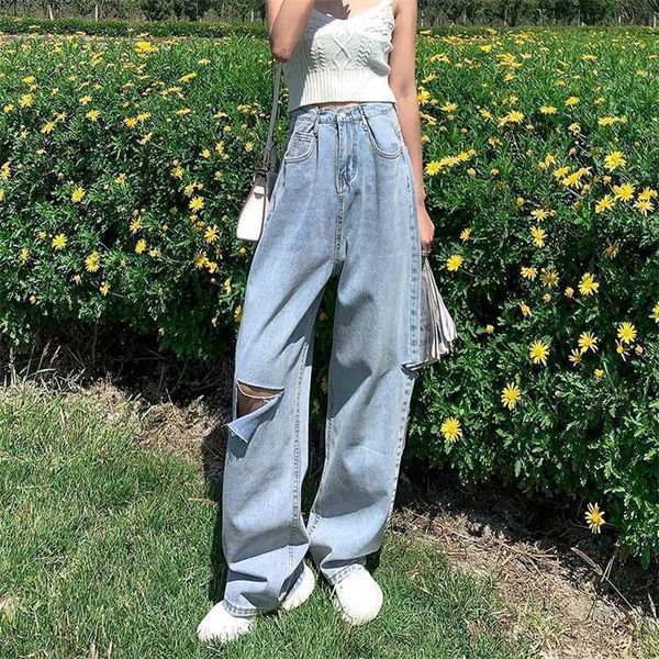 

high waist straight jeans women summer autumn loose wide leg pants fashion holes vintage korean style ins 211129, Blue