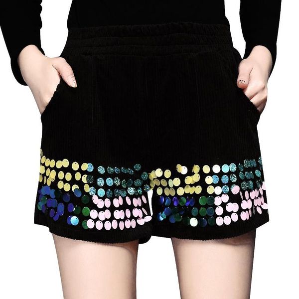 

winter autumn fashion women glitter embroidery green black corduroy shorts , wide leg slim elastic waist for woman women's, White;black