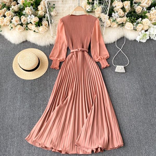 

casual dresses elegant dress women o-neck slim high waist solid purple pleated long 2021 fashion spring sleeve vintage party, Black;gray