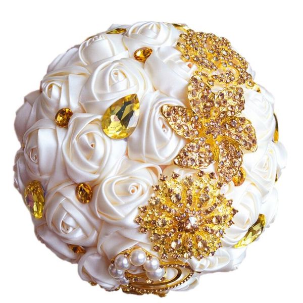 

wedding flowers 2021 luxury gold crystal rhinestones silk rose bouquet bridal bouquets country designer fashion