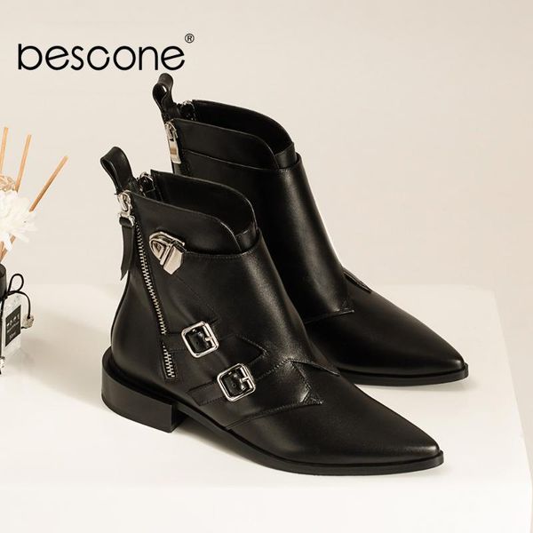 

boots bescone ankle woman genuine leather casual shoes pointed toe buckle strap decoration low squrare heel zipper shoe bm704, Black