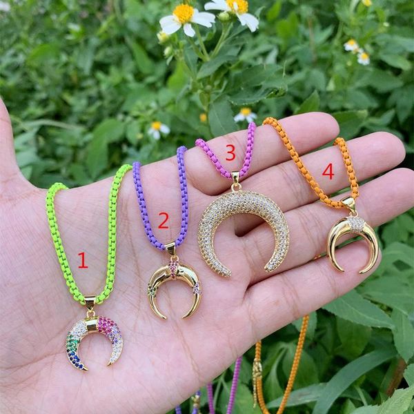 

pendant necklaces trendy semicircle moon shape brass cubic zirconia micro pave enamel box chain necklace accessories jewelry wholesale, Silver