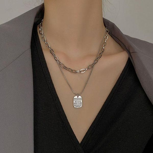 

chains double layer female necklace ins clavicle chain letter engraved square brand pendant sweater hip hop, Silver