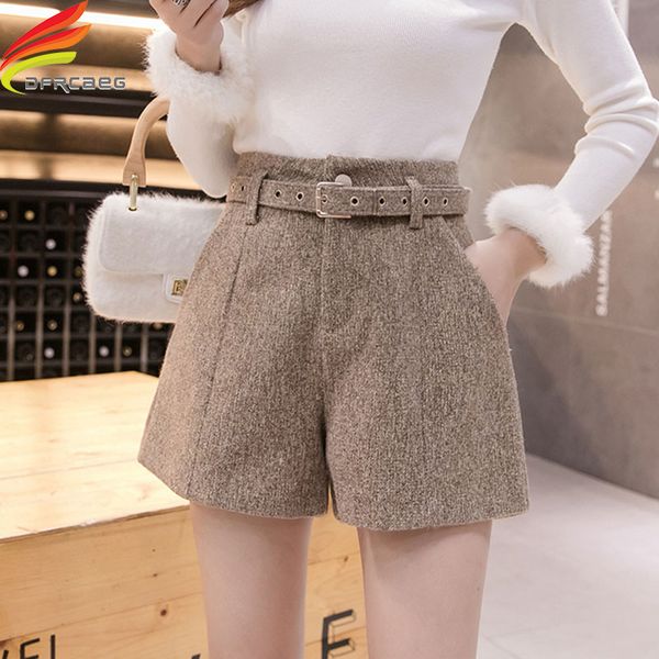 

new autumn winter high waist wide leg woolen shorts women khaki gray black outerwear warm shorts with belt a-line short femme, White;black