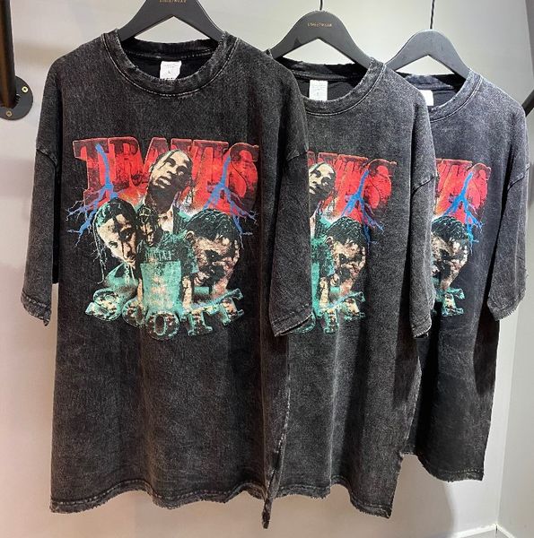 

fashion t shirt gaojiechao brand washing water used fried snowflake printed short sleeve wear out men's quarter, White;black