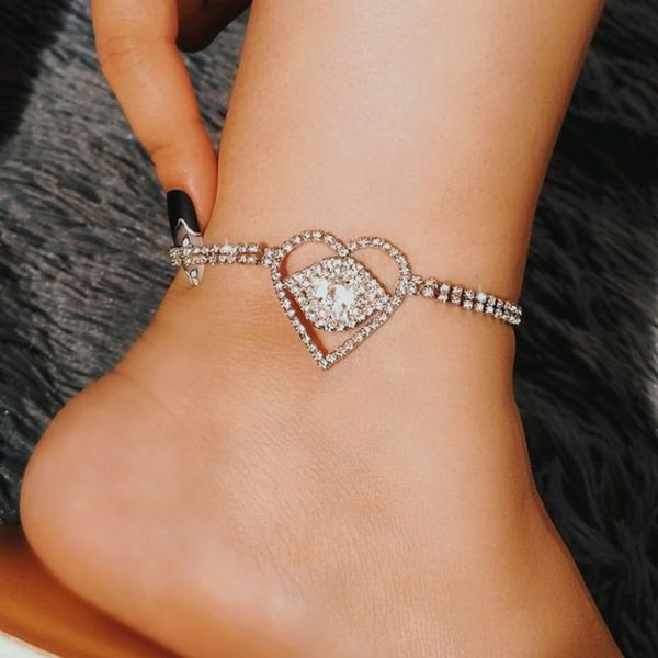 

anklets trendy hollow heart evil eye tennis chain for women silver color crystal rhinestones anklet bracelet on leg party jewely, Red;blue