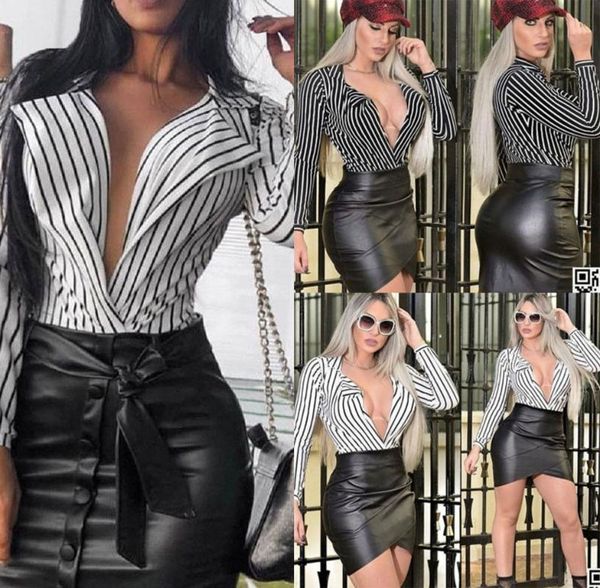 

women's blouses & shirts womens long sleeves stripe deep-v neck blouse clothes, White