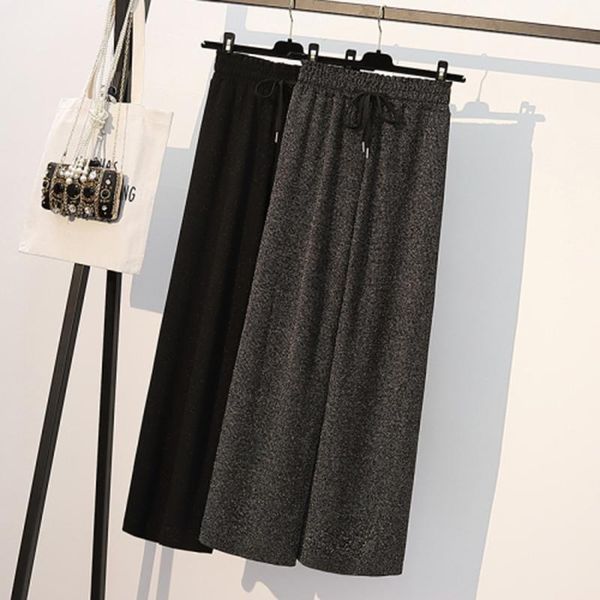 

women's pants & capris winter plus size thinck velvet warm wide leg woman high waist elastic lace up trousers ladies loose casual strai, Black;white