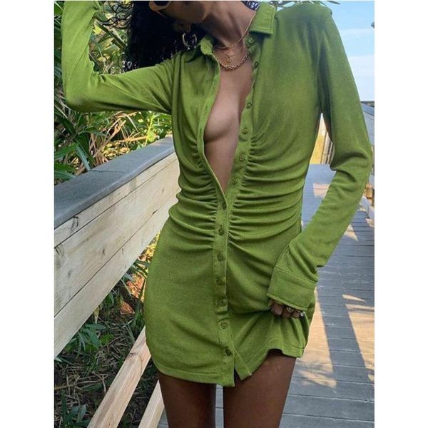 

casual dresses mini slim dress 2021turn-down collar button solid color middle waist long sleeve elegant fashion shirt, Black;gray