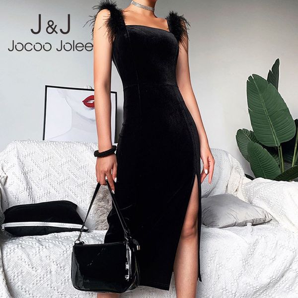 

jocoo jolee square neck split knee-length dress women elegant sleeveless velvet bodycon dress chic party club dress outfits 210518, Black;gray