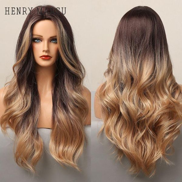 

synthetic wigs henry margu honey blonde highlighted ombre brown long body wave wig for black women daily cosplay heat resistant