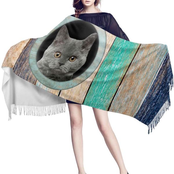 

scarves color wooden board texture british shorthair cat women cashmere beach scarf spring summer thin pashmina shawls and wrap, Blue;gray