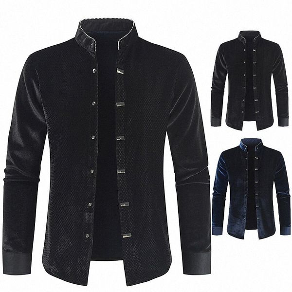 

men's shirt solid colored stand collar casual daily button-down long sleeve velvet casual fashion breathable comfortable black navy bl, White;black