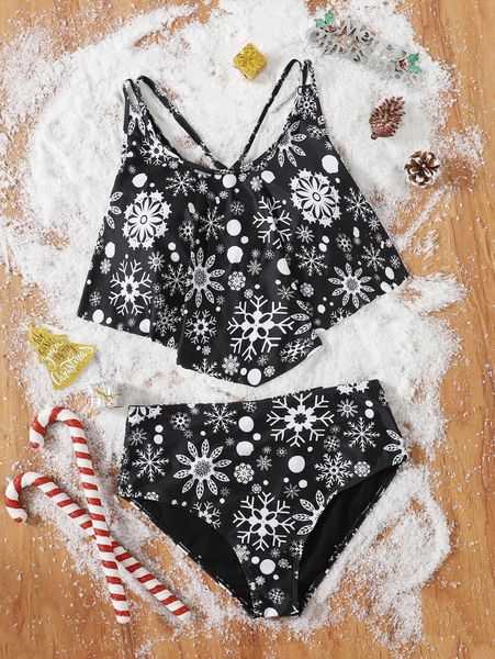 

plus floral print hanky hem bikini swimsuit h3lg#, Black