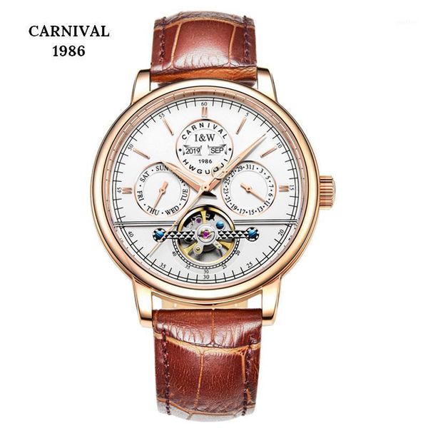 

carnival tourbillon men watches sapphire luminous waterproof calendar mechanical watch business automatic clock wristwatches, Slivery;brown
