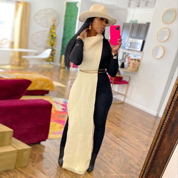 

women autumn winter knitted sweater dress fashion turtleneck sleeveless side split loose dresses casual knit warm long maxi robe y1006, Black;gray