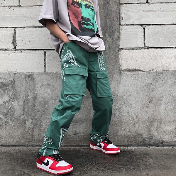

men's pants harajuku cashew flower print pockets overalls mens and women high street straight loose cargo oversize casual trousers, Black