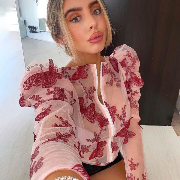 

Women's Blouses & Shirts Shestyle Mesh Zip Up Butterfly See Through Leg-Of-Mutton Sleeve Ruched Sexy Elegant Blouse Embroidery Cropped, White