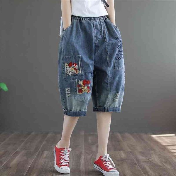 

oversized denim shorts high-waist women jeans cropped trousers loose and thin retro embroidery wide-leg pants trend, Blue