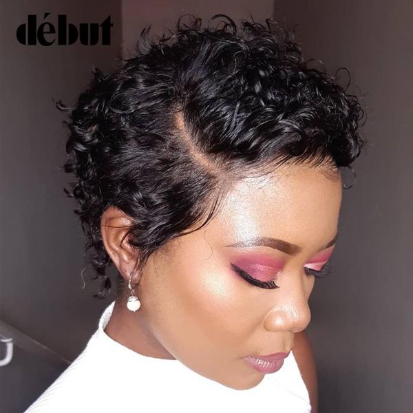 

lace wigs debut front human hair ombre short curly bob 99j red pixie cut part full, Black;brown