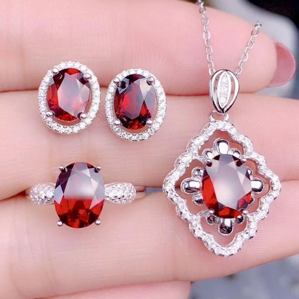 

per jewelry natural real red garnet jewelry set 1pc ring 1pc pendant 1pair stud earring 925 sterling silver fine s205112, Black