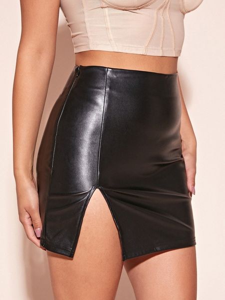 

x les do makeup zipper side split hem pu skirt 03hu#, Black