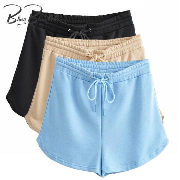 

women's shorts blingblingee eyelet drawstring elastic high waist woman straight beige blue summer casual fitness female 2021, White;black