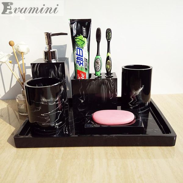 

black 5pcs/6pcs bathroom accessories set imitation marble resin wash suit kit with tray decoration toothbrush bath accessory