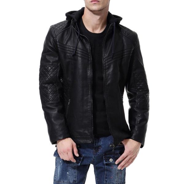 

men's fur & faux leather jacket trend hooded stand collar plus velvet thick warm coat motorcycle clothing autumn and winter war, Black