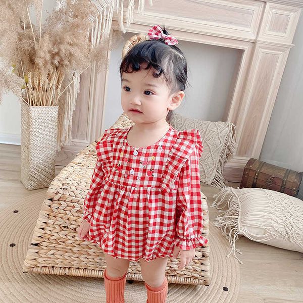 Baby Mädchen Koreanische Strampler Infant Plaid Strampler geboren Blume Stickerei Body Sommer Kinder Erster Geburtstag Outfit 210615
