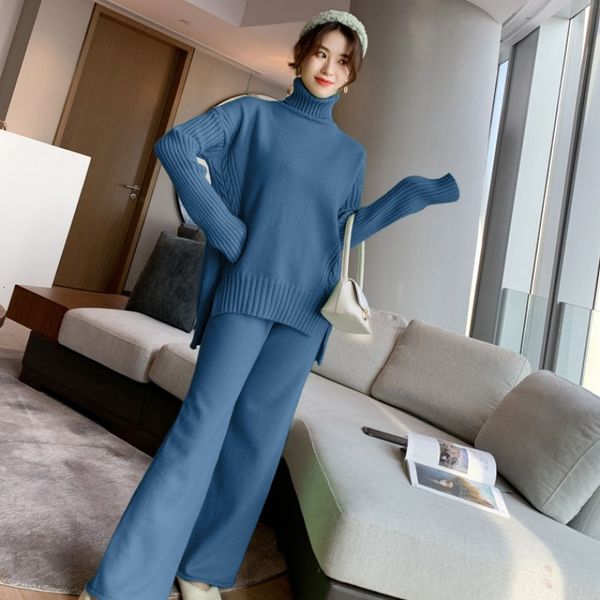 

women's two piece pants set pullover sweater tracksuit high waist knit wide leg suit 2 winter 0guc, White