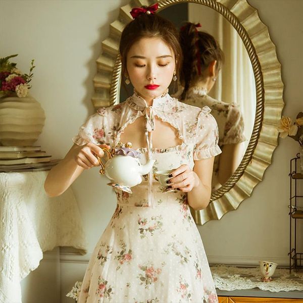 

chinese style summer mini womens dresses stand collar apricot dot floral gorgeous vintage elegant chiffon with lining, Black;gray