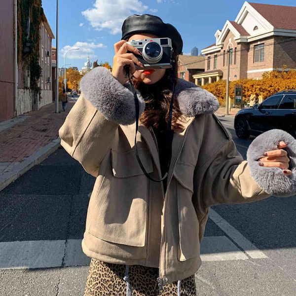 

women's fur & faux winter of the fake fox-skin collar short parkas korean women fashion pink jackets thick velvet ladies wear mujer 0nl, Black