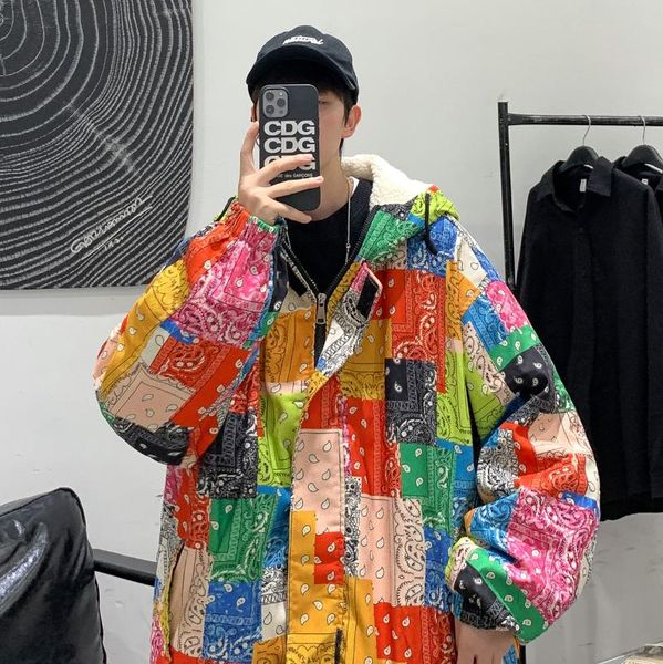 

men's down & parkas winter lamb wool cotton jacket fashion printed hooded, Black