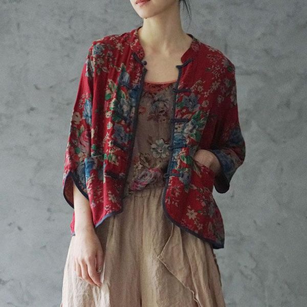 

women's blouses & shirts fairynatural cotton linen vintage chinese style cardigan stand collar 2021 autumn summer plate buckle print wo, White