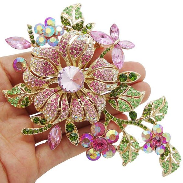 

pins, brooches big elegant pink crystal flower brooch rhinestone pin romantic wedding bride bridesmaid luxury for woman jewelry, Gray