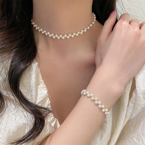 

chains 2021 fashion korean style pearl braided bracelet necklace set for women jewelry girl gift, Silver