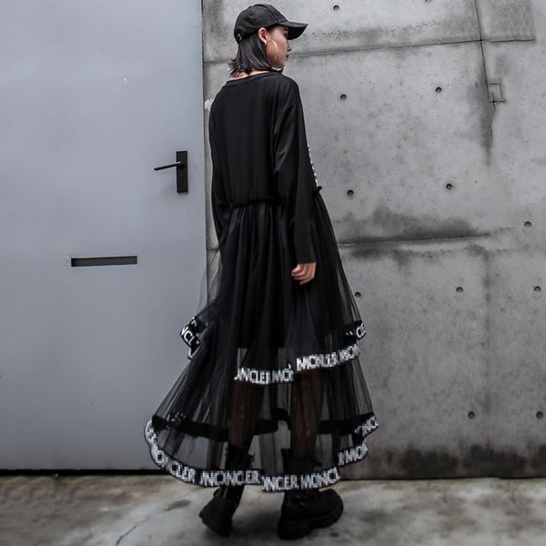 

casual dresses xitao tide mesh patchwork midi letter print o neck long sleeve fashion loose plus size women zyq1947 g4ch, Black;gray