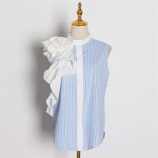 

summer fashion stand collar stitching ruffled single-breasted striped t-shirt women 210416, White