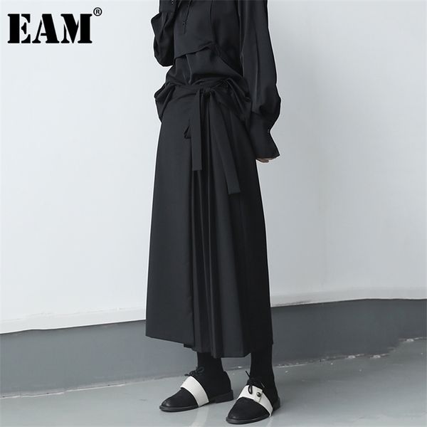 

[eam] high elastic waist black pleated long wide leg trousers loose fit pants women fashion spring autumn 1db207 211115, Black;white